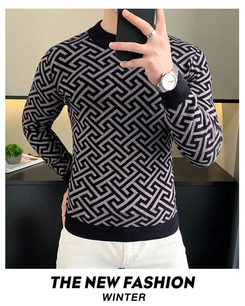 Autumn Winter Velvet Knitted Sweater Men's Long Sleeve Round Necked Sweater Slim Fit Casual Business Knitwear Tops Men Clothing