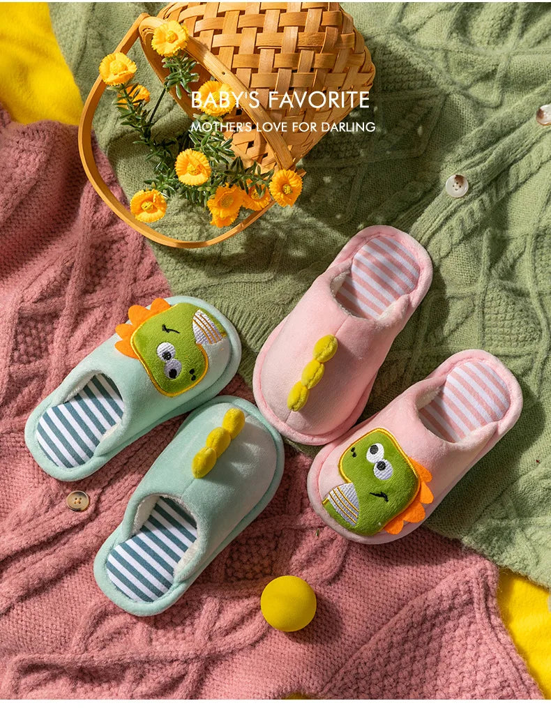 Children Cartoon Dino Fur Slipper Soft Autumn Winter Warm Princess Baby Boys Girl Indoor Home Bedroom Cotton Fleece Fur Shoes