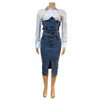 Denim Skirt Suit Women 2 Piece Sets Shirt Patchwork Turn Down Collar Belt Pockets Overshirt Straight Skirts Distressed Outfits
