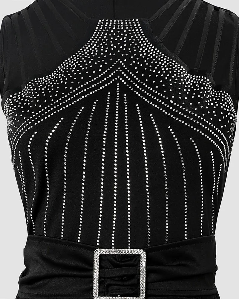 2025 Summer Women's Sexy Round Neck Rhinestone Sheer Mesh Sleeveless Jumpsuit with Belt New Fashion Rompers Womens Jumpsuit