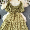 2024 New Summer Flower Print Long Dress Women Vintage Square Neck Ruched Chest Sash Bandage Sundress Party Vestidos