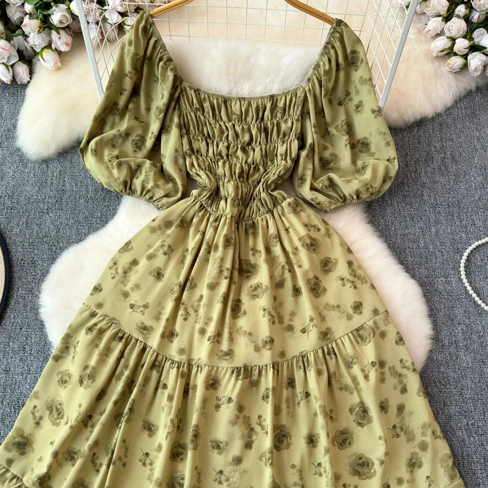 2024 New Summer Flower Print Long Dress Women Vintage Square Neck Ruched Chest Sash Bandage Sundress Party Vestidos