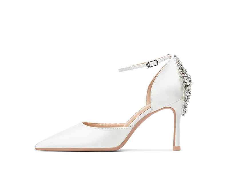 Baotou Hollow High Heel Women's Sandals Pointed Tip Thin Heel One-word Button Rhinestone Wedding Shoes Bridal Shoes