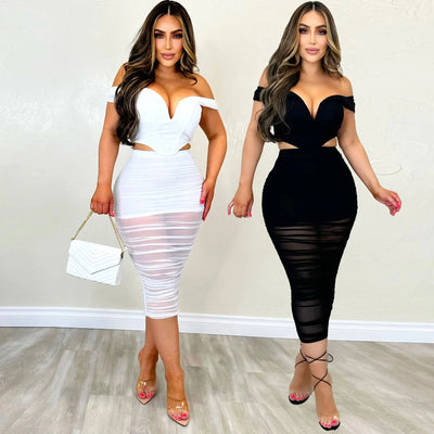 S10632 Sexy Slimming Mesh Splice Bum Covering Visibility Elastic Off-Shoulder 2-Piece Set European And American Style