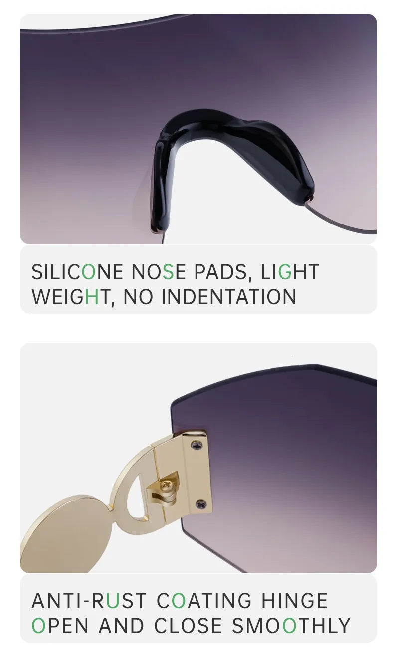 Oversized Shield Rimless Punk Sunglasses Women 2024 Luxury Brand Fashion Winged Sun Glasses For Ladies Shades Eyewear UV400