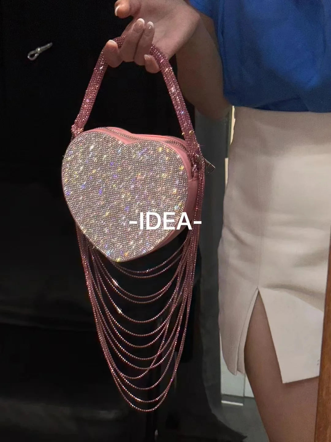 Bling Tassel Heart-shape Satin Bag Glitter Rhinestone Diamond Evening Bag Women Handbag Wedding Party Clutch Purse Crossbody Bag