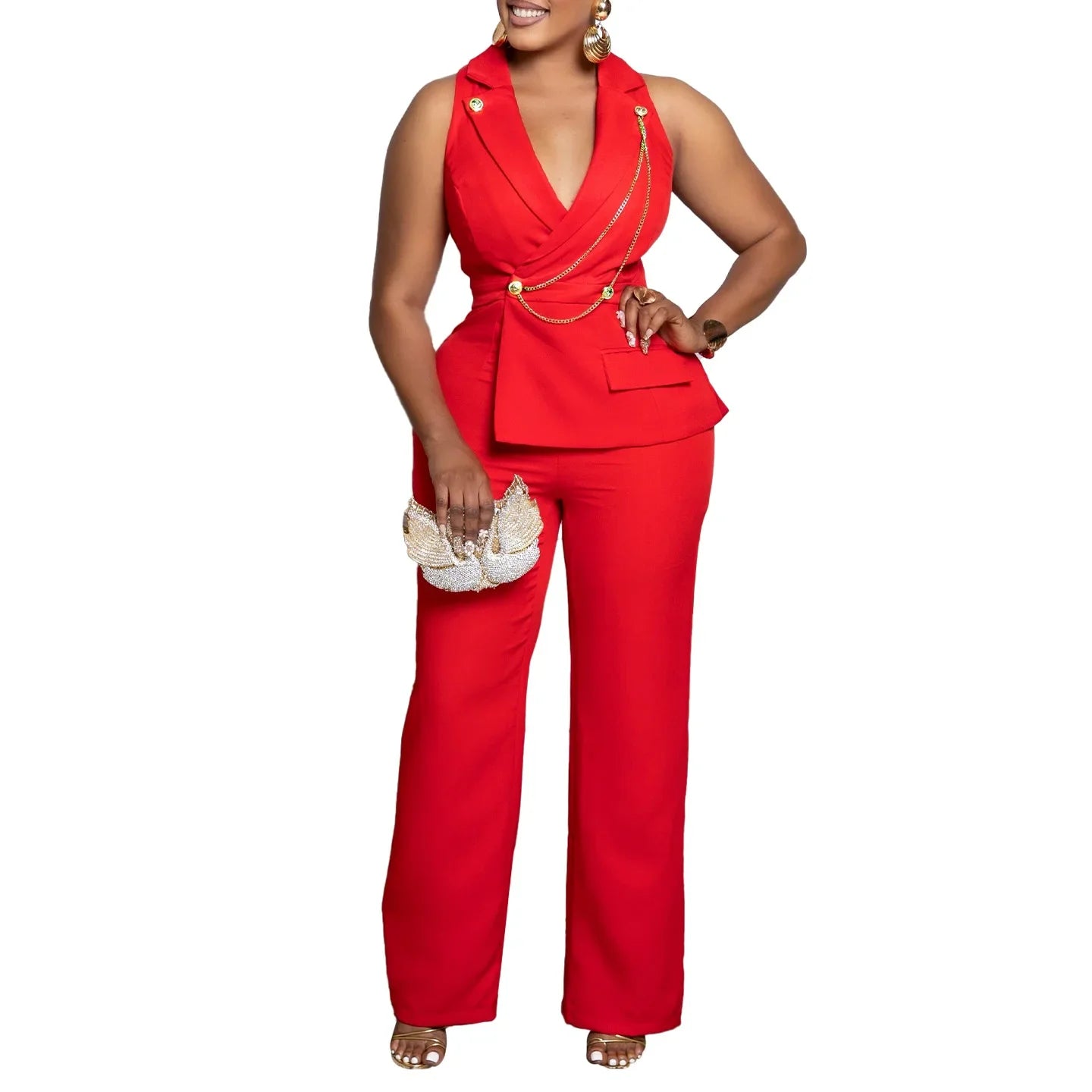 C8604 Foreign Trade Women's Fashionable Sexy Chain Collar Wide Leg African Jumpsuit Casual Style Long Dress For Ladies
