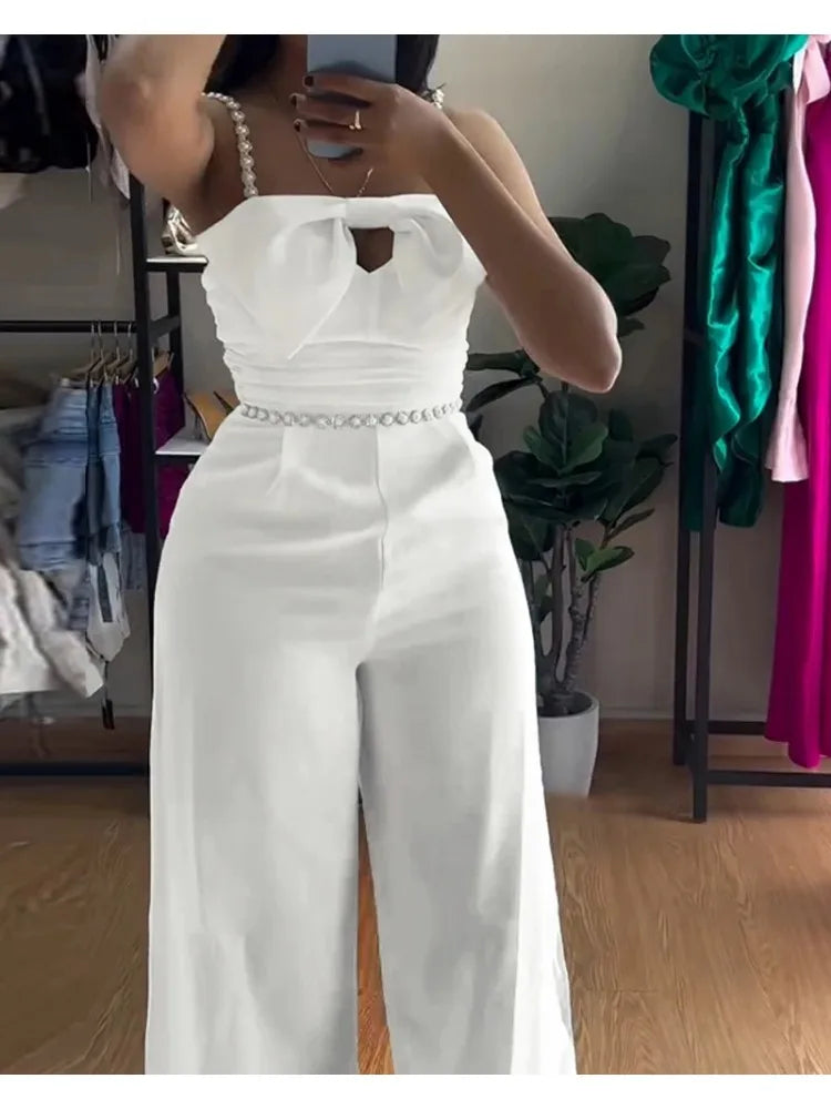 Spring New Jumpsuit Women Bandeau Beaded Spaghetti Strap Bowknot Design Ruched Slim Fit Elegant Wide-Leg Overall Female Jumpsuit