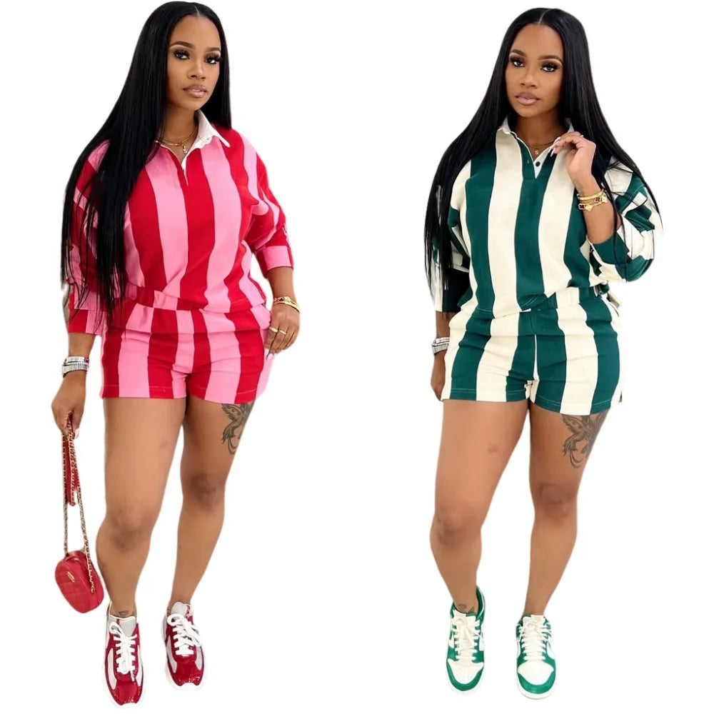 Women's Clothing Fashion Striped Sets Long Sleeve Polo-Neck T Shirt and Shorts 2025 Spring Summer 2 Two Piece Set Tracksuit