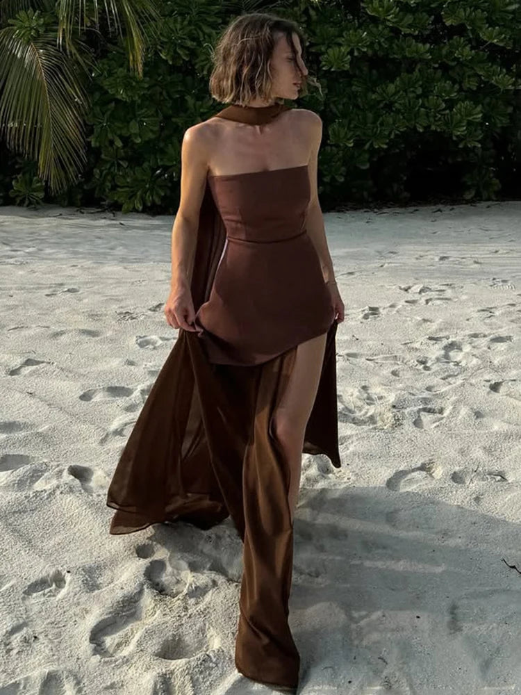 TARUXY Fashion Strapless Dress With Ribbon Female Elegant Sleeveless Mesh Beach Vacation Long Dress 2025 Spring New Women Dress