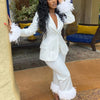 Wmstar Two Piece Set Women Turn Down Collar Feathers Patchwork Top and Pants Suit Matching Fall Clothes Wholesale Dropshpping