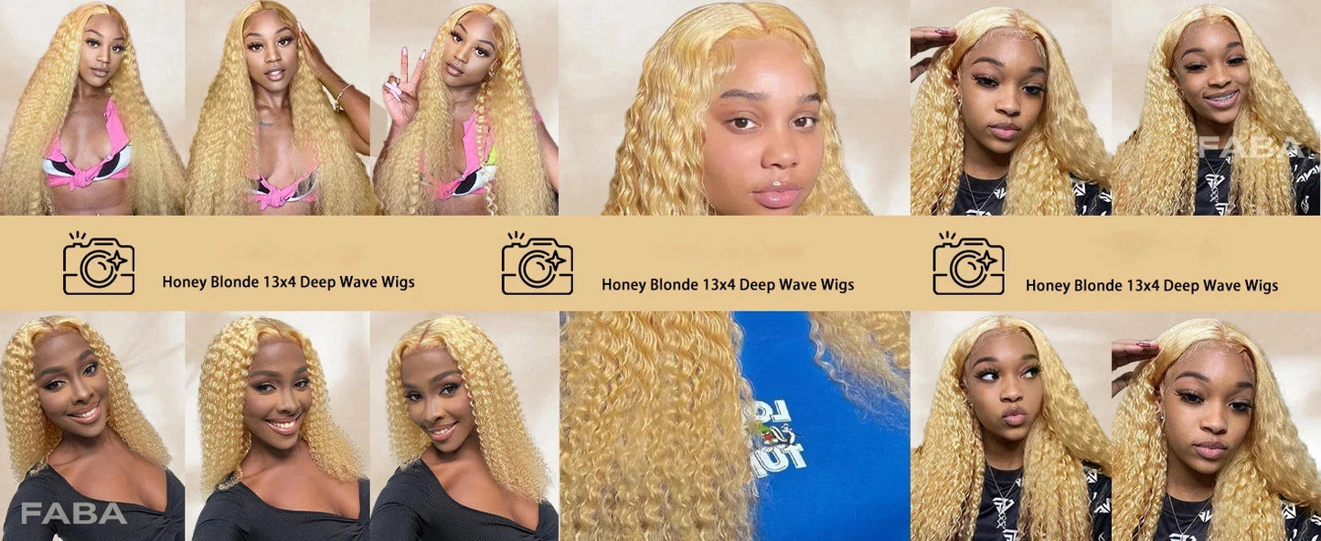 FABA Glueless Wigs Human Hair #27 Color Honey Blonde Deep Wave Human Hair Wig 13x4 Lace Frontal Wigs with Baby Hair 180% Density
