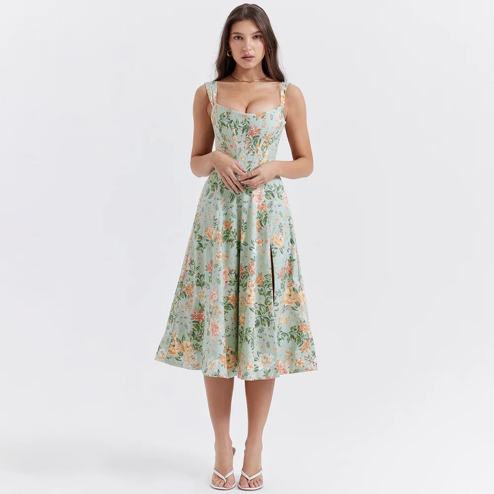 Suninheart Summer Pink Floral Print Corset Dress Midi Elegant Sexy Party Dresses Holiday Birthday Casual A Line Women Clothing