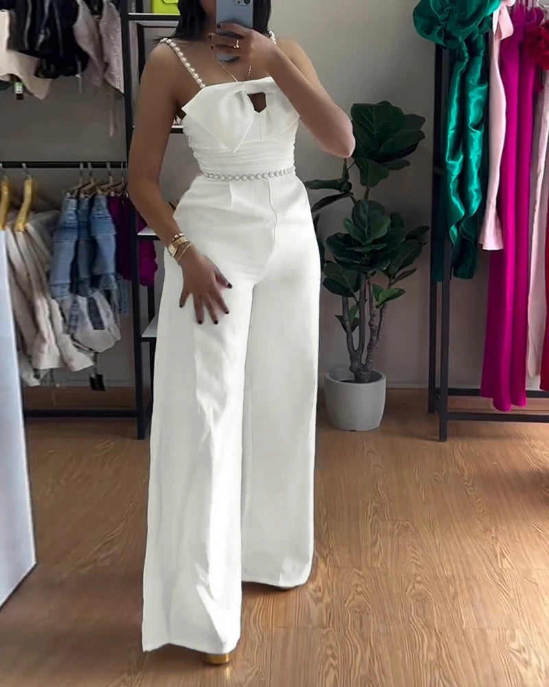 Fashion 2025 Summer Casual Sexy Elegant Bandeau Beaded Spaghetti Strap Bowknot Design Ruched Slim Fit Jumpsuit Elegant Overall