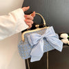 Glittering Chain Plaid Pattern Evening Bag For Women Bow Decor Shoulder Bag, Fashionable Elegant Clutch, Women‘s Crossbody Bag