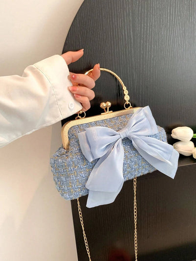 Glittering Chain Plaid Pattern Evening Bag For Women Bow Decor Shoulder Bag, Fashionable Elegant Clutch, Women‘s Crossbody Bag