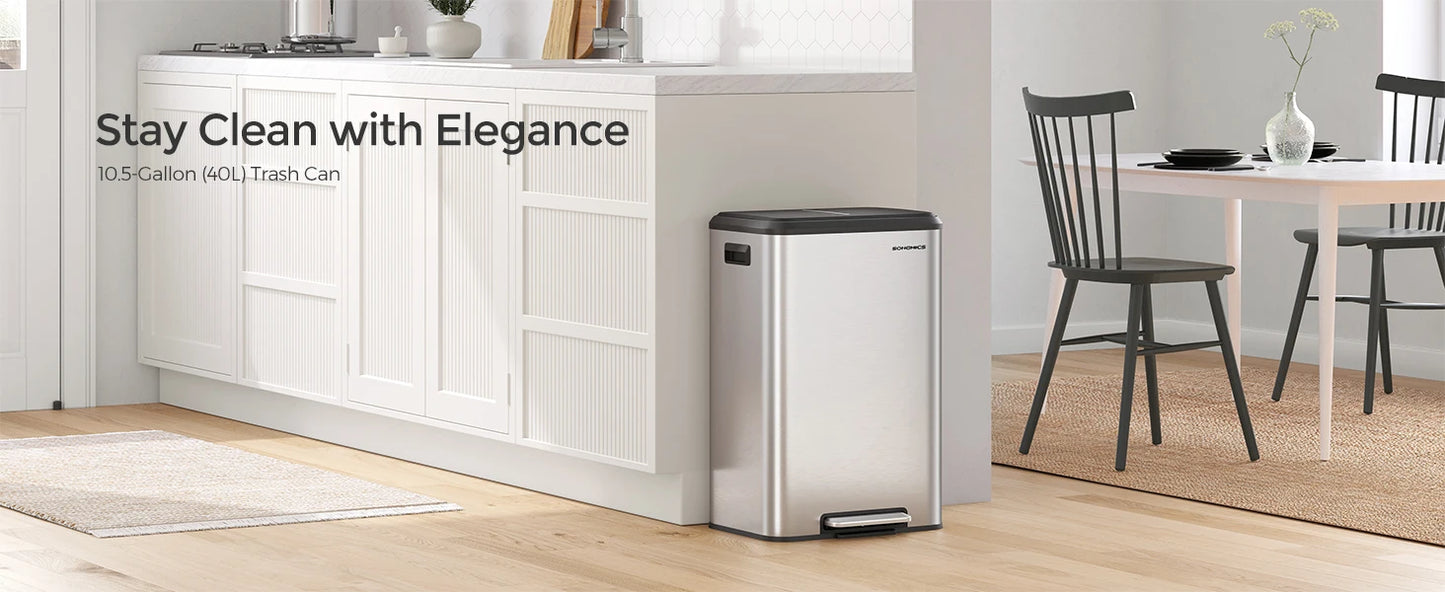 SONGMICS Kitchen Trash Can, 10.5-Gallon (40L) Garbage Can with Lid and Wide Foot Pedal, Soft Close and Stays Open