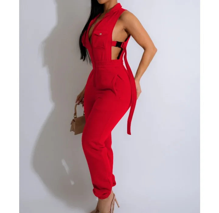 Jumpsuits for Women 2024 Summer Sexy Spicy Girl Side Button Zipper Sleeveless 4 Pocket Jumpsuit Streetwear Fashion Overalls