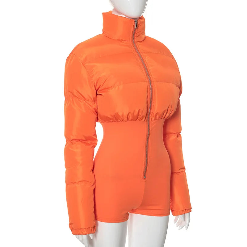 Leosoxs Fashion Women Long Sleeve Zipper Fly Turn-down Collar Parkas Patchwork Jumpsuit 2024 INS Playsuit One Piece Suit Romper
