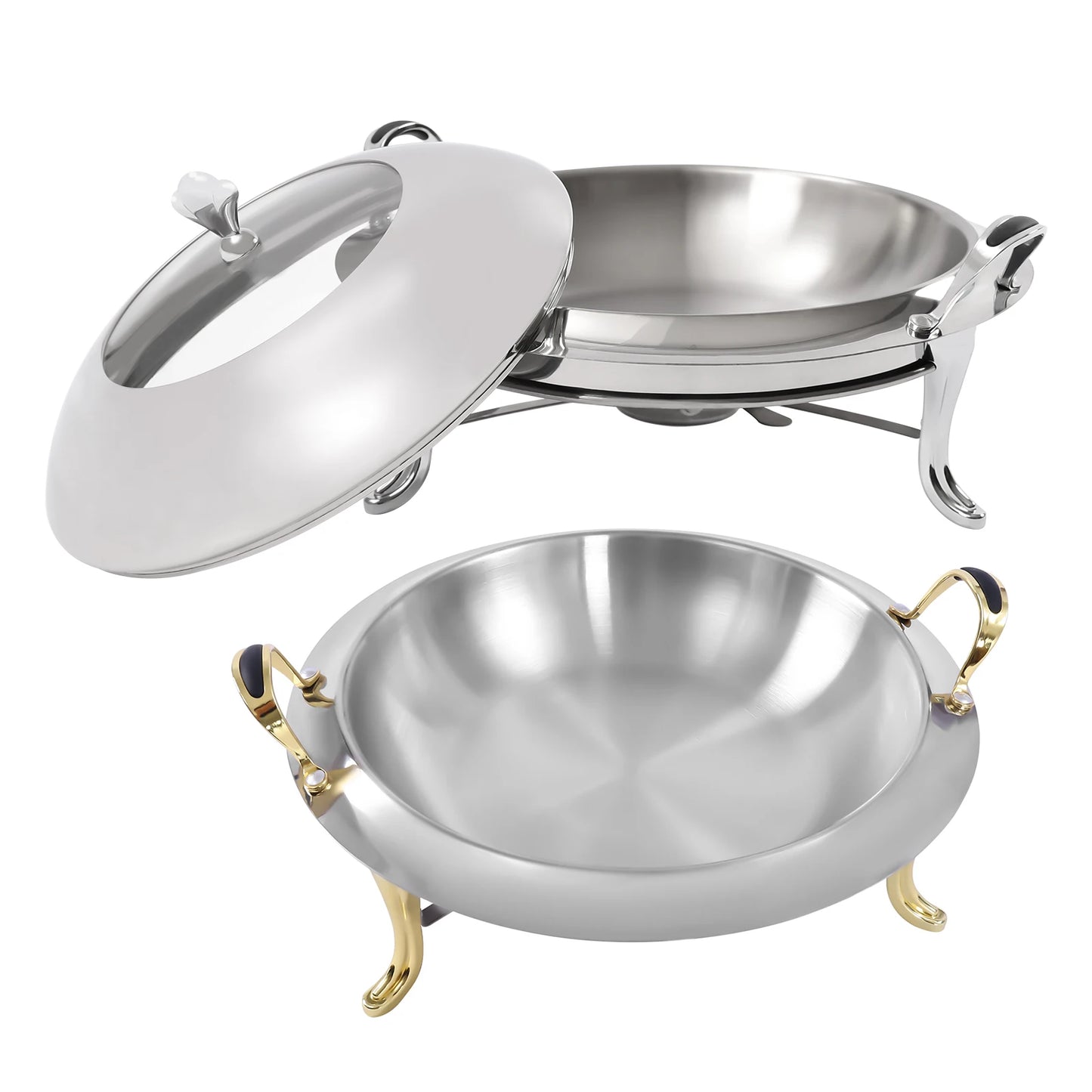 Dish Stainless Steel Cooking Round Buffet Warmer Tray Durable Frame with Lid Fuel Holder Cookware Set