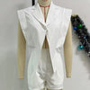 Znaiml Elegant White Patchwork Rompers Playsuits Women Lapel Sleeveless Slim Shorts Jumpsuits Hollow Button Birthday Overalls