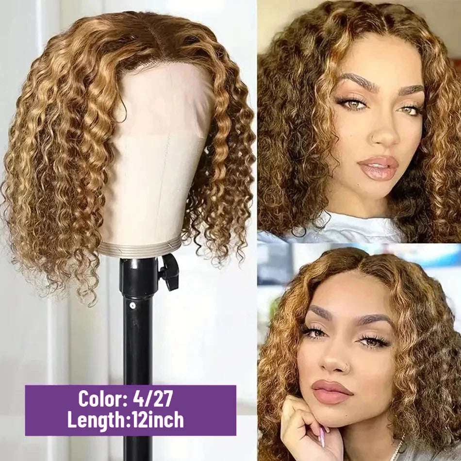 13x4 HD Lace Human Hair Short Human Hair Wigs Curly Color 4/27 Highlight Ombre Human Hair Deep Wave Bob Wigs Curly For Women