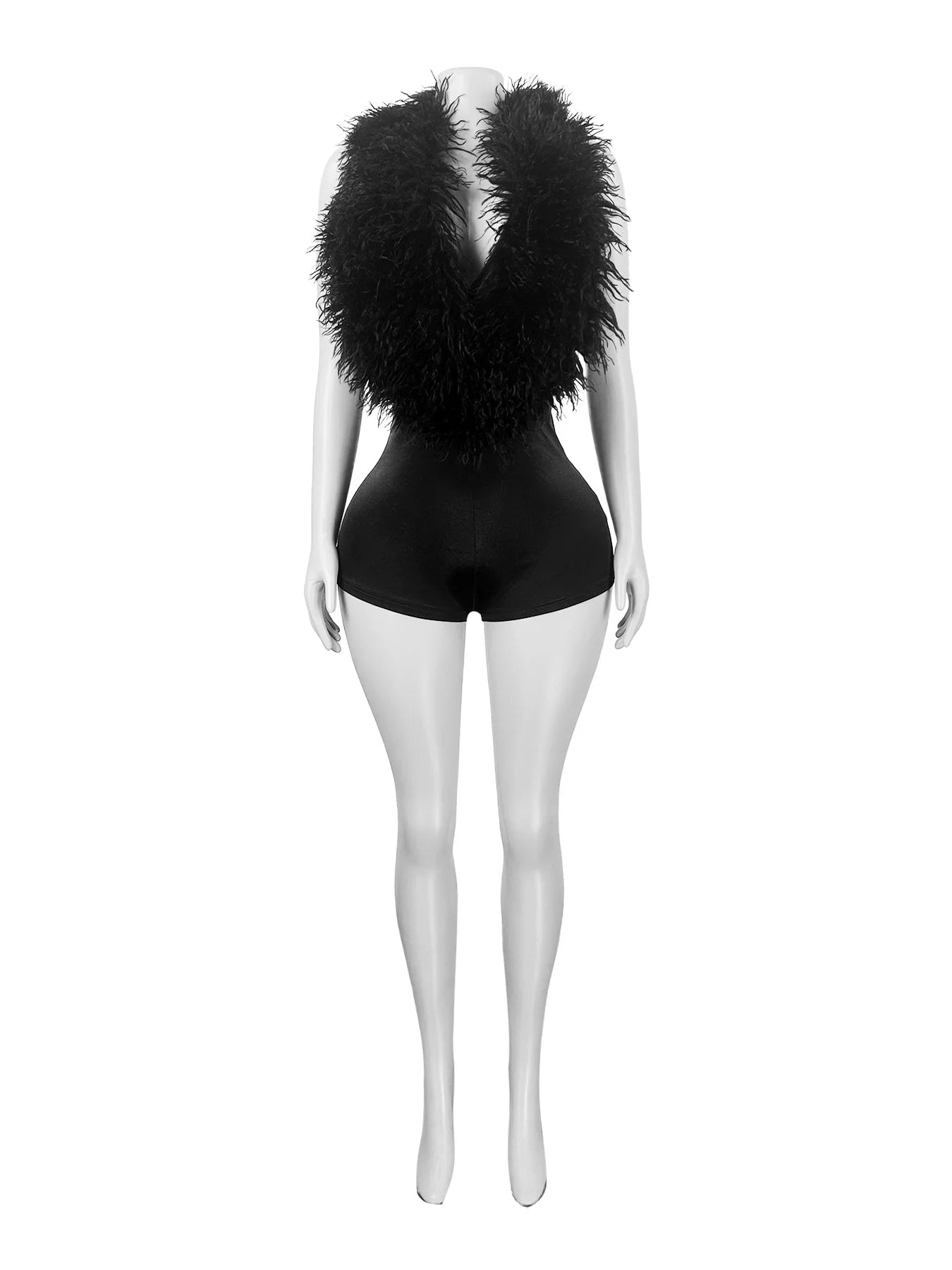 Joskaa 2025 Summer Women's Sexy Faux Fur Patchwork Halter Deep V Backless Skinny Playsuits Holiday Midnight Club Rompers S-XXL