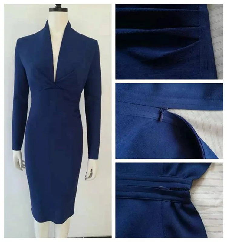 Women's Deep V Neck Bandage Dress Long Sleeve Folds Bodycon Black Midi Sexy Elegant Club Celebrity Runway Evening Party Dresses