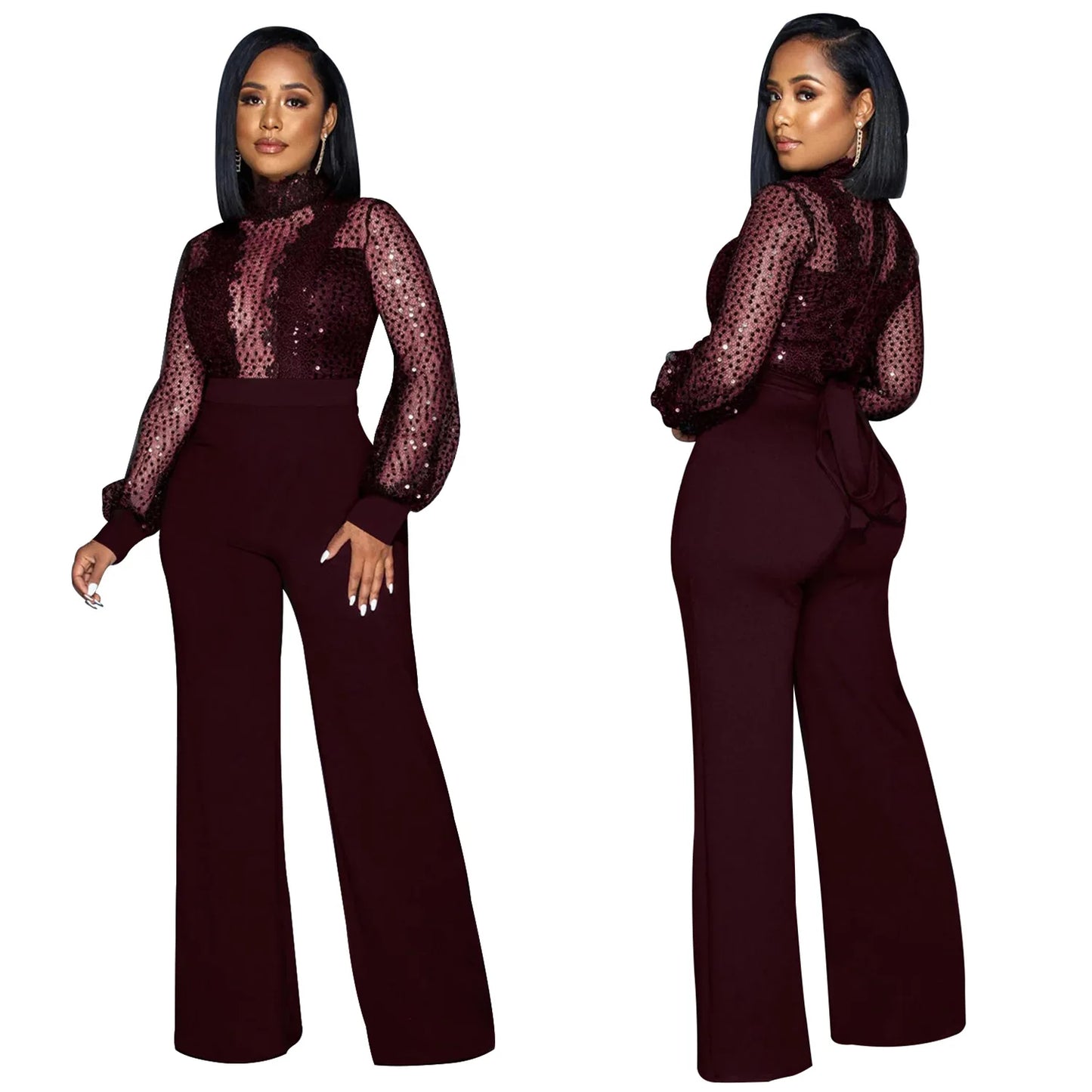 Fashion Women's Clothing Hollow Long-sleeved Loose Wide Leg Jumpsuits Overall Pants Solid Color Sexy Lace