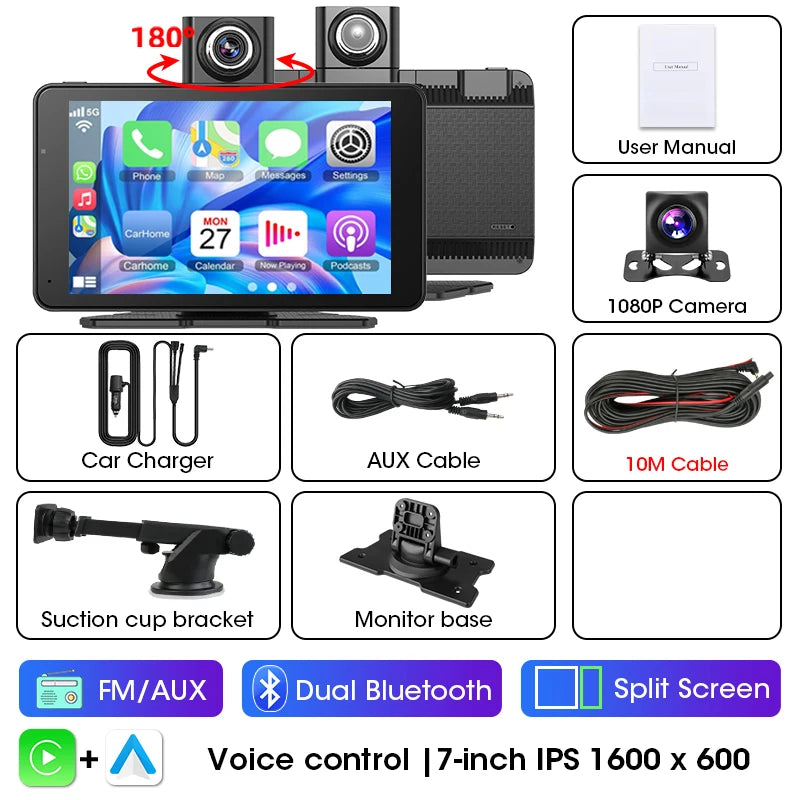 Jansite 7" Car DVR 2.5K Dash cam Wireless Carplay Android Auto Front and Rear Camera Dashboard Driving Recorder Dual Lens Wifi