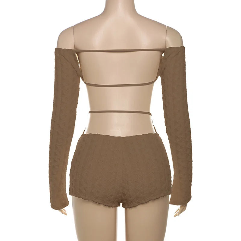 2025 Spring Women's Clothes Above Knee Sexy Knit Rib Romper One Piece Off Shoulder Long Sleeve Skinny Short Jumpsuits Playsuits