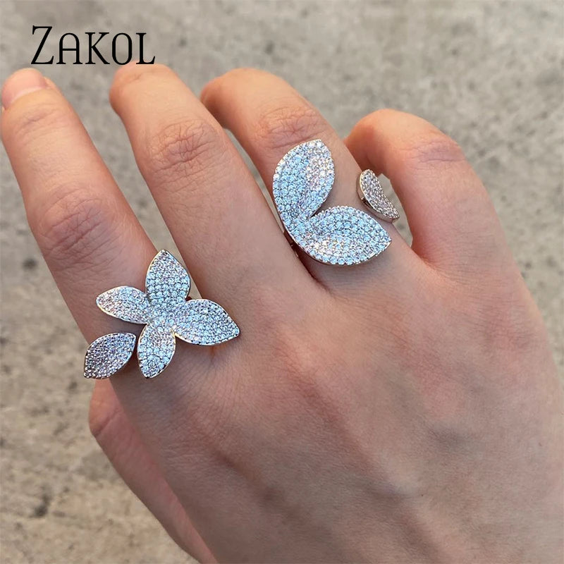 ZAKOL Luxuriöse, funkelnde Blatt-Blumen-Mikropavé Zirkonia offene Ringe für Damen, zarter Brautschmuck RP2034