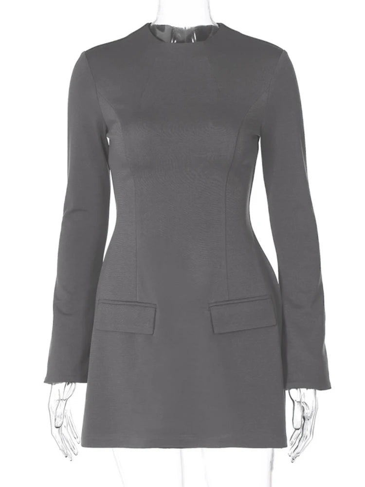 Hugcitar 2024 Spring O Neck Long Sleeve Solid Patchwork Zip Up Sexy Bodycon Mini Dress Women Fashion Outfits Birthday Party Y2K