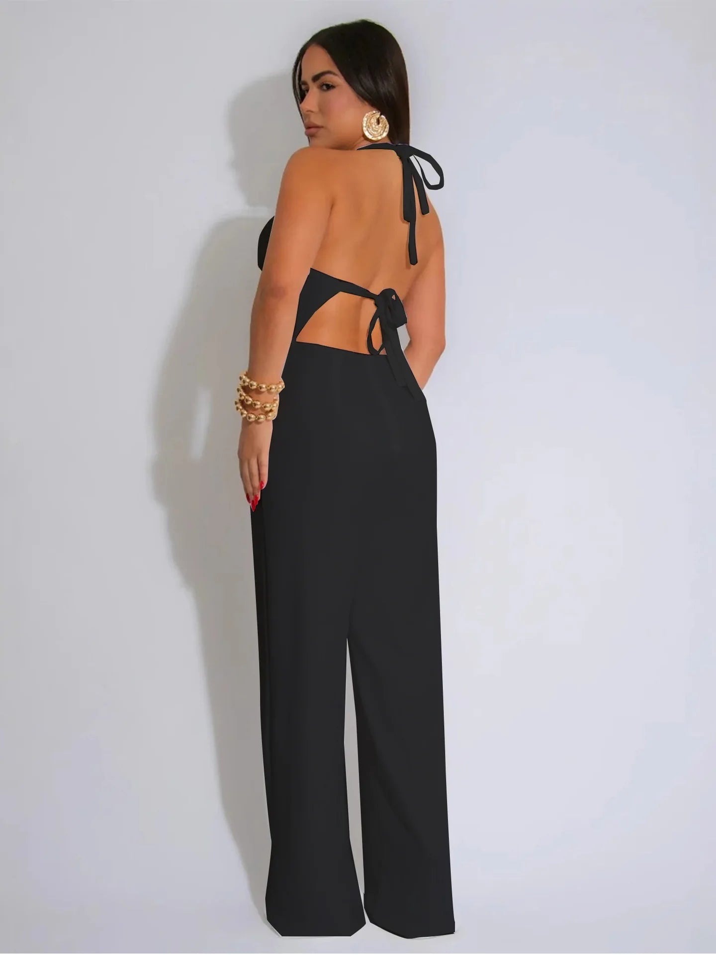 Joskaa 2025 Summer Elegant Hollow Halter Lace-Up Jumpsuits Women Hipster Sexy Backless Skinny One Piece Rompers Party Clubwear