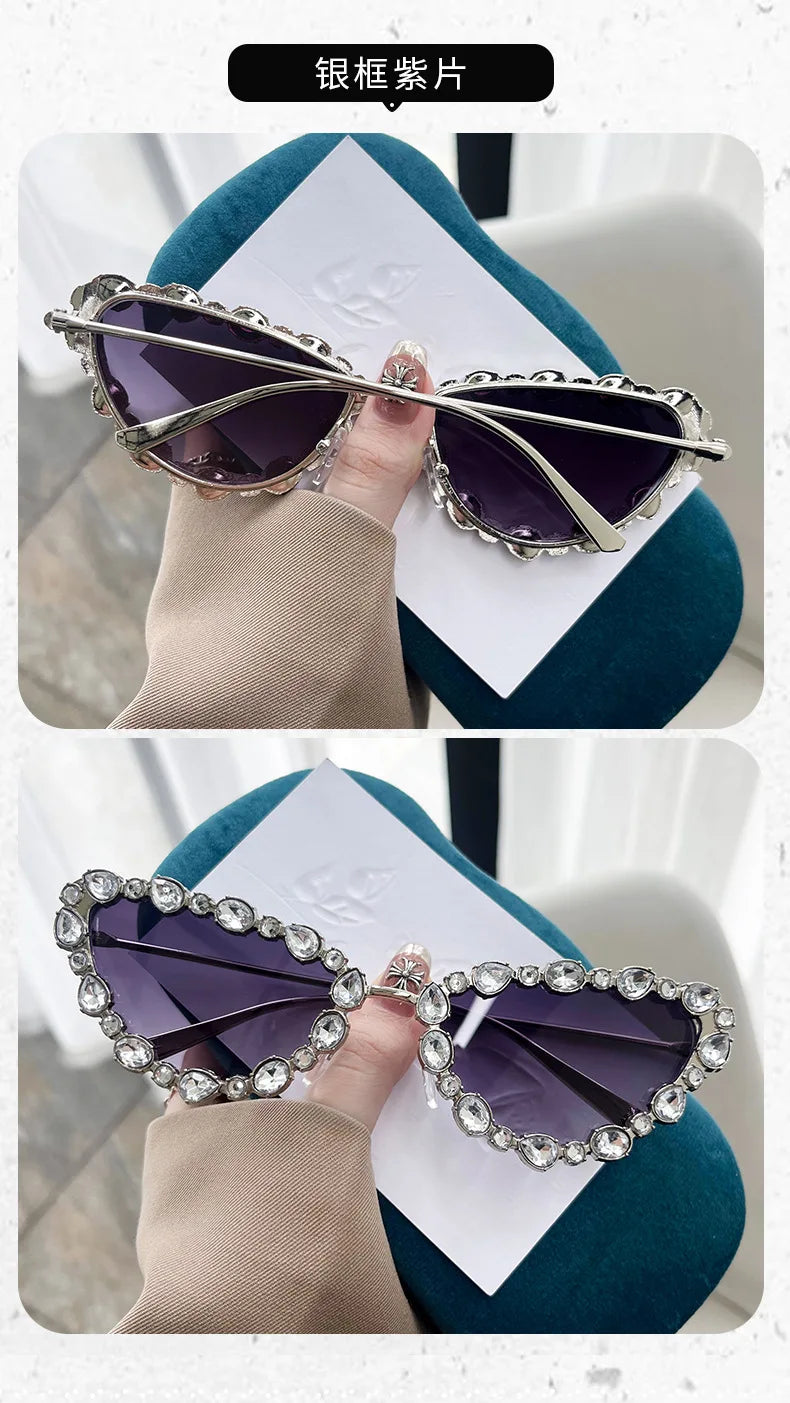 KLASSNUM Luxury Woman Sunglasses Cat-eye Rhinestone Sunglasses 2024 Trendy Party Eyepiece Glitter Metal Frame Color Lens Shades