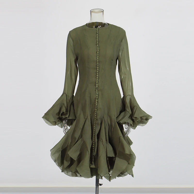 TWOTWINSTYLE Women's Dress Irregular Pleated Patchwork Fashion Long Lantern Sleeve Waist Cinching Mini Dresses 2024 New Clothing