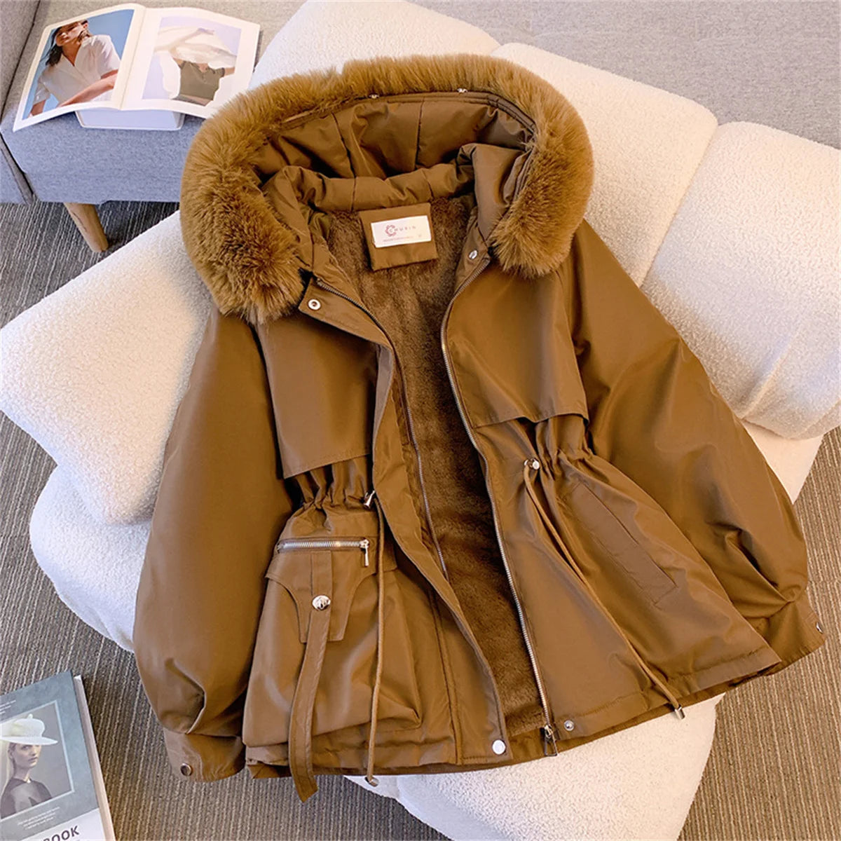Women Autumn Winter Fashion Coats Korean Hooded Drawstring Padded Jackets Solid Female Casual Street Outfit Coat Zip Up Parkas