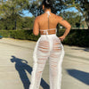 RT Sexy Women Crochet Set Two Pieces Set Halter Backless Top Pants Tassels Knitted 2 Pieces Set Hollow Out Crocheted Beach Set