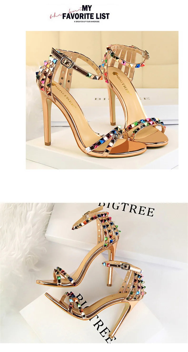 Summer Women Roman High Heels Rivets Studded Sandals Stiletto Gladiator Pumps Open Toe Luxury Shoes Hollow One-word Buckle 267-2