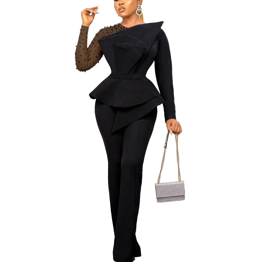 Luxury Jumpsuits & Rompers for Women Round Neck Beaded Transparent Sleeve High Waisted Elegant Female Birthday Party Overalls