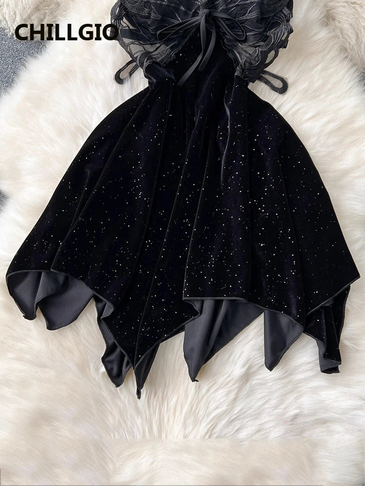 CHILLGIO Women Butterfly Velour Glitter Spaghetti Strap Sexy Fashion Backless Nightie Erotic Irregular A Line Pajamas Sundress
