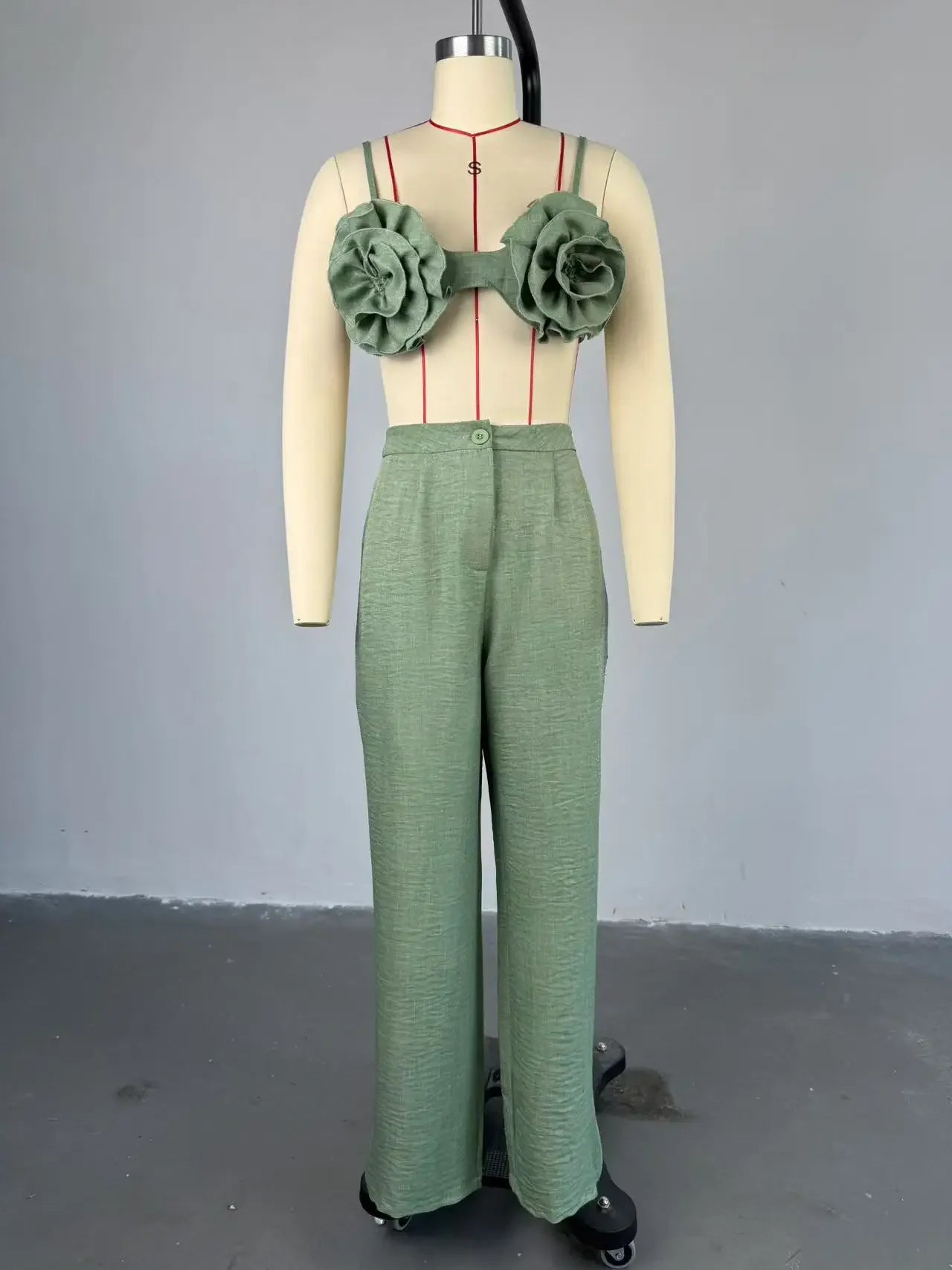 Women's Set Sleeveless 3D Flower Crop Bra Top+Wide Leg Pants Elegant beach holiday Two 2 Piece Set Outfits
