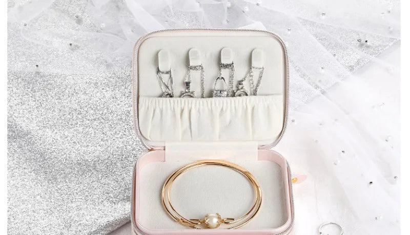 Diamond-set Double Zipper Jewelry Portable Storage Box With Mirror Ring Earrings Necklace Rhinestones Case Lipstick Makeup