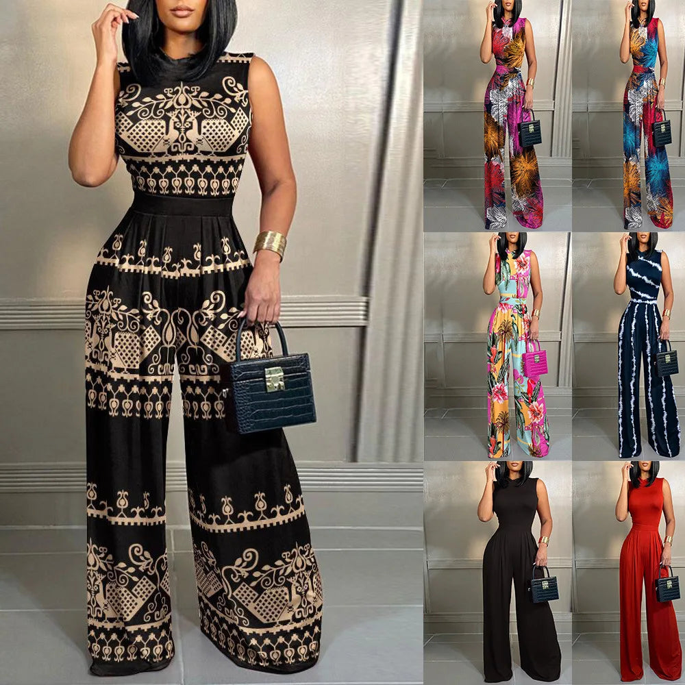 Elegant Women Wide Leg Long Juumpsuit 2024 Spring Summer Fashion Printed Sleeveless Casual Holiday Bodysuits Jumpsuits Trousers