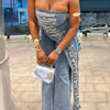 Plus Size Party Blue Asymmetric Hem Distressed Denim Two Piece Pant Sets