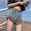 ITOOLIN Women Vintage Tassels Denim Shorts Button Loose High Waist A-line Jean Shorts Casual Women Office Trousers Streetwear