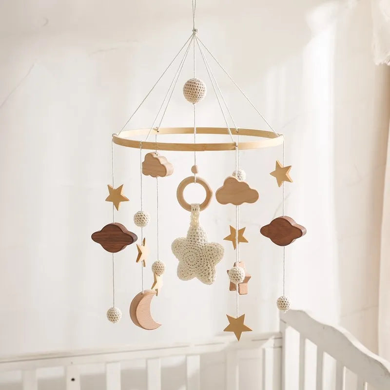 Baby Crib Mobile Bed Bell Rattle Toys Wooden Crochet Stars Pendant Bed Bell Toys Newborn Comfort Crib Bracket Hanging Toys Gifts