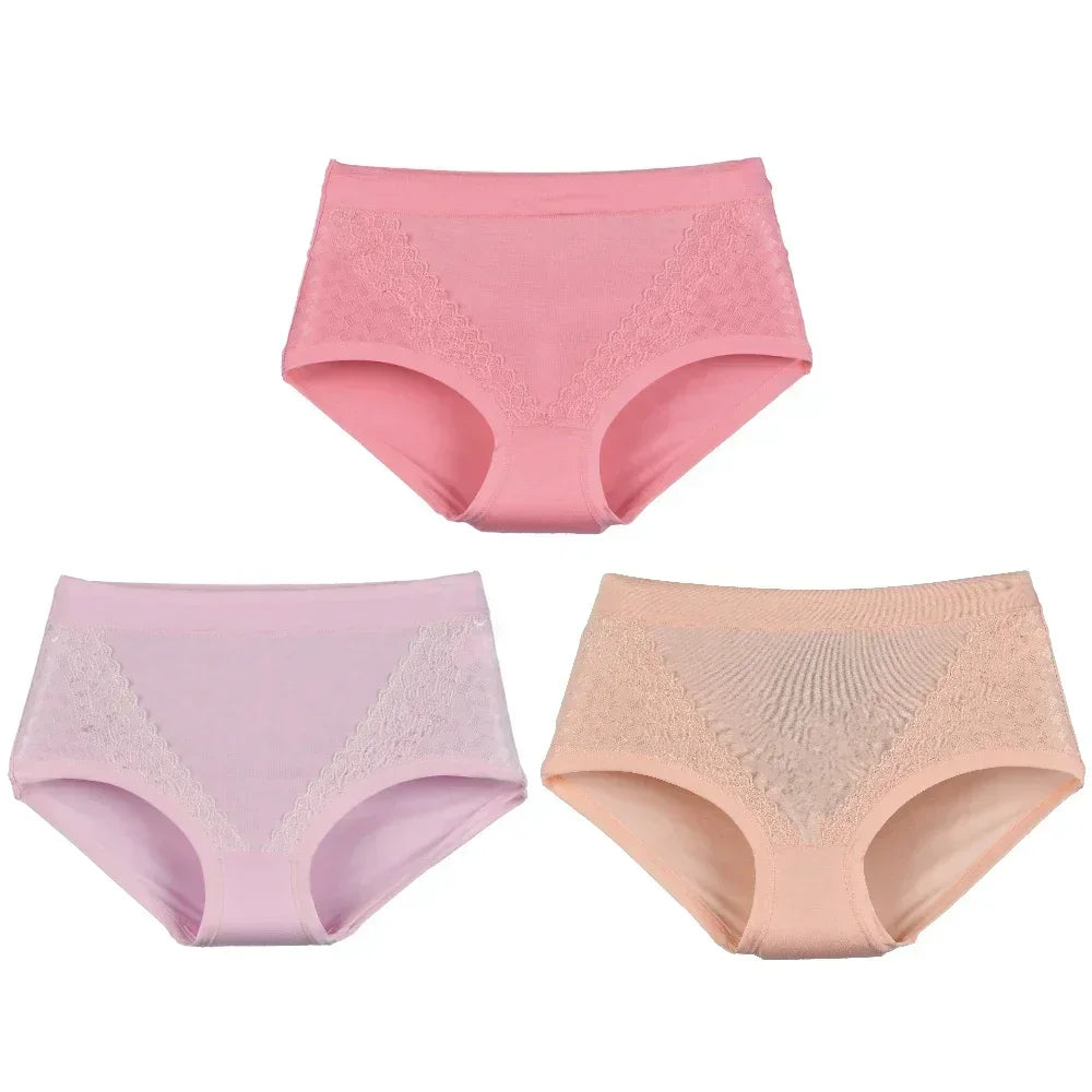 3pcs/pack 2024 Women High Waist Panties Female Briefs Modal Lace Plus Size Underpants Mother Middle Aged Oversize Underwear