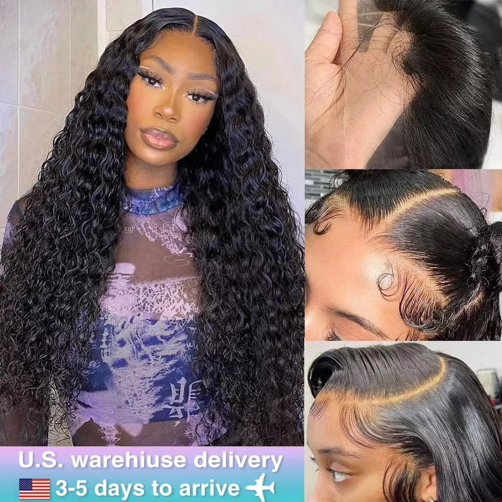 220 Density HD 13X6 Transparent Deep Water Wave Curly Human Hair Lace Frontal Wig 30 34 Inch 13X4 Lace Front Human Hair Wigs
