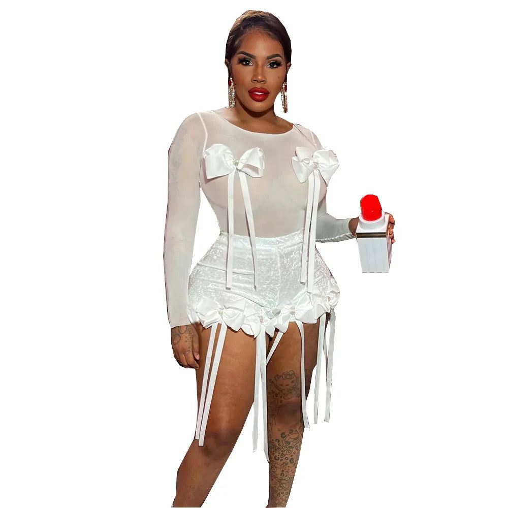 CM.YAYA Women's Set Bow O-Neck Mesh Long Sleeve Tops + Velvet Shorts Suits Streetwear Sexy Two 2 Piece Outfits Tracksuits Summer